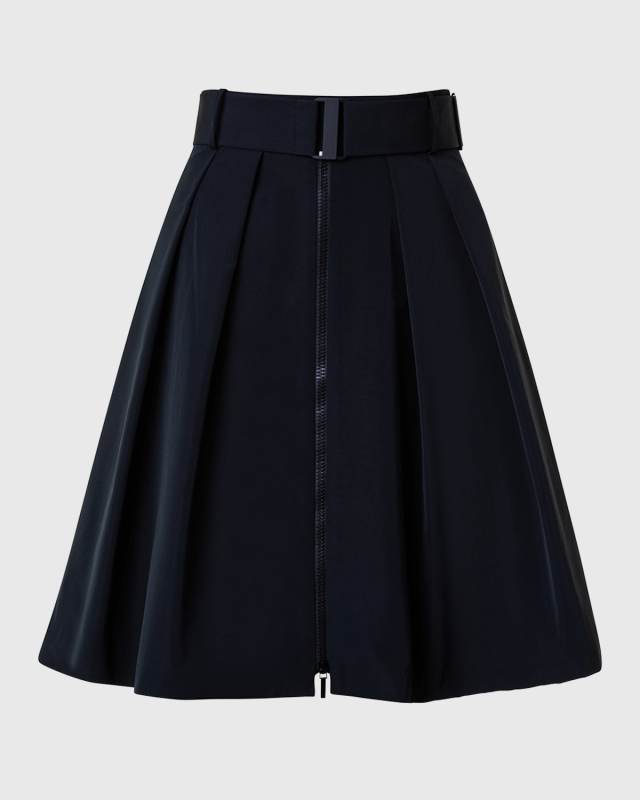 Pleated Taffeta Front-Zip Skirt With Belt